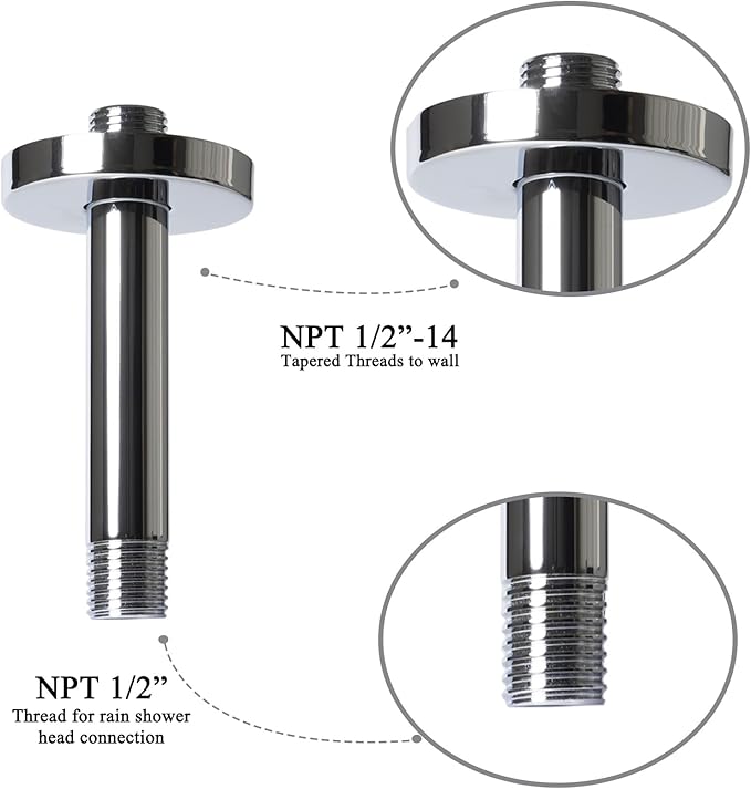 6 Inch Shower Arm with Flange, Ceiling Mounted Shower Head Extension Arm, 1/2 NPT Straight Arm for Rain Shower Head, Stainless Steel Shower Head Extension Replacement Pipe Arm,Chrome