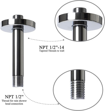 6 Inch Shower Arm with Flange, Ceiling Mounted Shower Head Extension Arm, 1/2 NPT Straight Arm for Rain Shower Head, Stainless Steel Shower Head Extension Replacement Pipe Arm,Chrome
