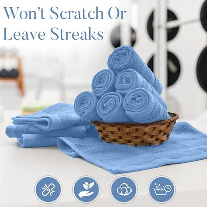 DAN RIVER 12-Pack Premium 100% Cotton Medium Blue Face Towels – Reusable Face Towel Set, Soft & Absorbent washcloths for Showering – Hand and Face Towels, 550 GSM (12x12 in)