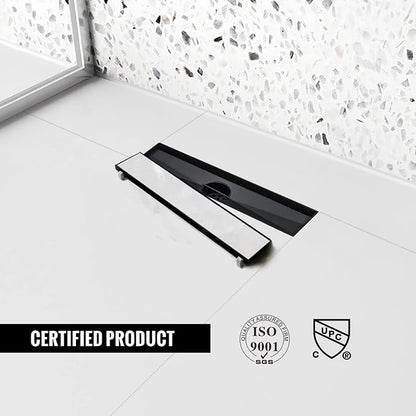 Linear Shower Drain, 12 inch Black Drain with Tile Insert 2-in-1 Panel, Brushed 304 Stainless Steel Shower Floor Drain, Linear Drain with Hair Strainer and Adjustable Feet