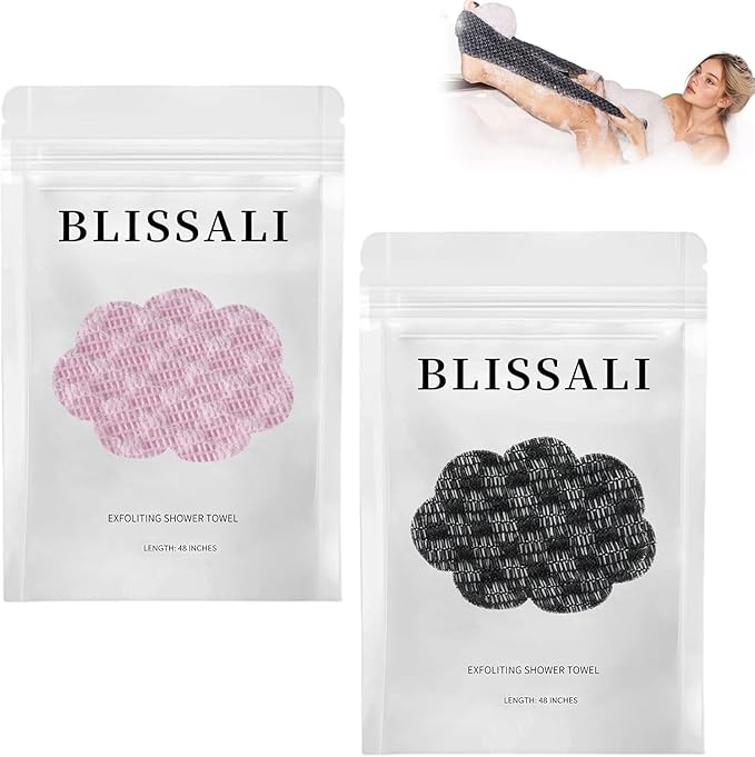 Blissal Exfoliating Shower Towel 47", Premium Scrub Wash Cloth for Body Face, Blissal Shower Towel for Smooth Skin, Quick Drying Durable-Body Scrubber with 2 Sides for All Skin Types (Black+Pink)