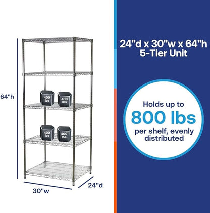 Shelving Inc. 24" d x 30" w x 64" h Chrome Wire Shelving with 5 Tier Shelves, Weight Capacity 500lbs Per Shelf