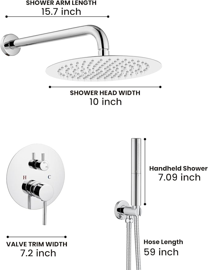 Airuida Shower Fixtures 2 Functions Shower Faucet Set Wall Mounted for Bathroom High Pressure Brass Handheld Shower with Rough-in Valve Round Rainfall 10 Inch Shower Head Chrome Polish