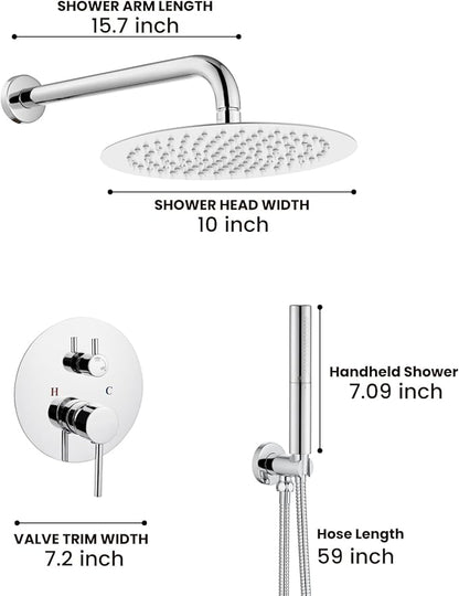 Airuida Shower Fixtures 2 Functions Shower Faucet Set Wall Mounted for Bathroom High Pressure Brass Handheld Shower with Rough-in Valve Round Rainfall 10 Inch Shower Head Chrome Polish