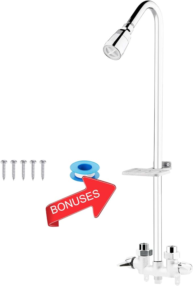 Artiwell Outdoor Shower Fixture System,with Rustproof Riser and Riser Extension, Double Handle Utility Shower Faucet with Showerhead and Soap Dish, Polished Chrome