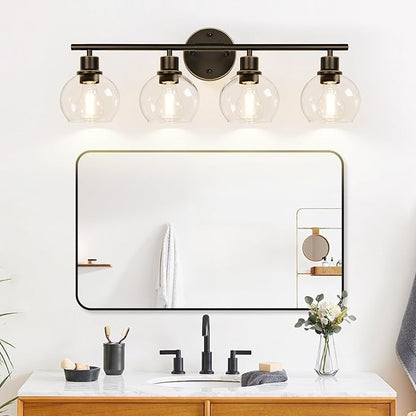 4-Light Bathroom Light Fixtures, Oil Rubbed Bronze Bathroom Lights Over Mirror with Clear Glass Globe Shade, Vanity Lights for Bathroom Kitchen Living Room Hallway Cabinet Bedroom Porch