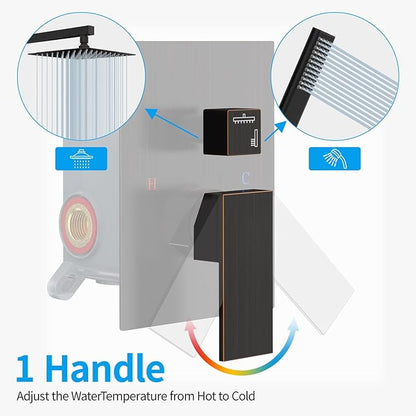 EMBATHER Oil Rubbed Bronze Shower System -10 Inches Shower Faucet Set with Square Rain Shower Head and Handheld High Pressure Shower Combo Set for Bathroom Wall Mounted (Contain Rough-in Valve & Trim)