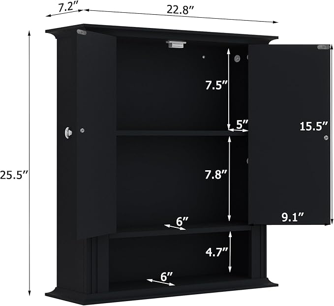 Bathroom Cabinet Wall Mounted| Over The Toilet Storage Cabinet with 2 Doors & Adjustable Shelf, Hanging Wall Cabinet, Upper Cabinet Storage Cupboard for Bathroom,Kitchen,Laundry Room, Black