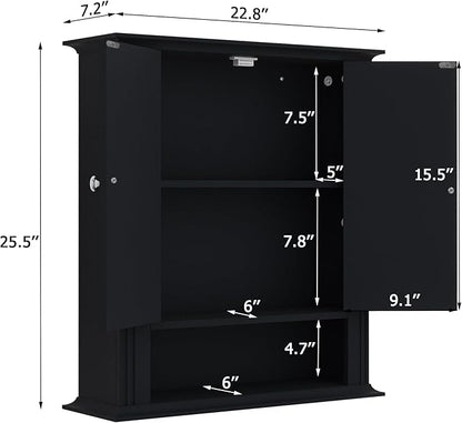 Bathroom Cabinet Wall Mounted| Over The Toilet Storage Cabinet with 2 Doors & Adjustable Shelf, Hanging Wall Cabinet, Upper Cabinet Storage Cupboard for Bathroom,Kitchen,Laundry Room, Black