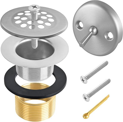 Bathtub Drain Stopper Trip Lever - Universal Bath Tub Drain Plug with Strainer, Suitable for 1-1/2" and 1-3/8" Tub Drain Replacement, Bathroom Tub Drain Trim Overflow Plate Kit (Brushed Nickel)