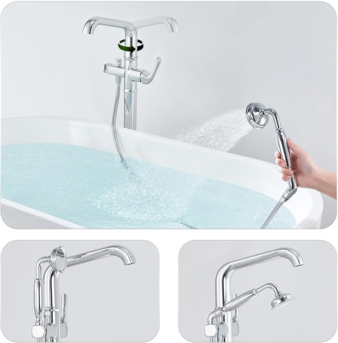 Luxury Free Standing Tub Faucet, Classic Brass Freestanding Bathtub Faucet, Lexdale Bathroom Floor Mount Tub Filler with handheld Sprayer Supply Lines Included Polished Chrome (LD8911-CP)