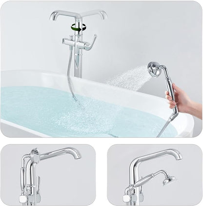 Luxury Free Standing Tub Faucet, Classic Brass Freestanding Bathtub Faucet, Lexdale Bathroom Floor Mount Tub Filler with handheld Sprayer Supply Lines Included Polished Chrome (LD8911-CP)