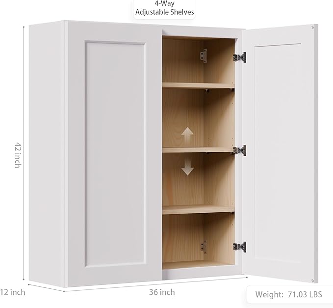 36 Inch Laundry Room Cabinets Wall Mounted, Solid Wood Over The Toilet Storage Cabinet, Bathroom Organizer Cabinets with 2 Shaker Door & 3 Shelves, Easy to Assemble for Kitchen, Garage - White
