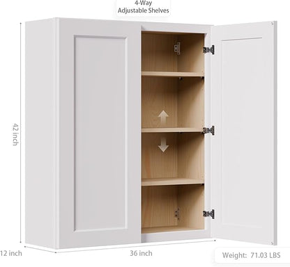 36 Inch Laundry Room Cabinets Wall Mounted, Solid Wood Over The Toilet Storage Cabinet, Bathroom Organizer Cabinets with 2 Shaker Door & 3 Shelves, Easy to Assemble for Kitchen, Garage - White