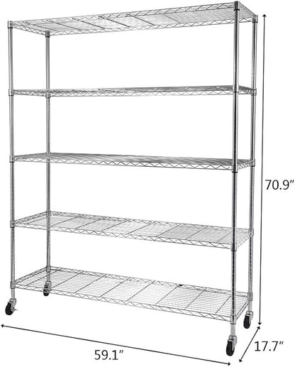5 Tier Storage Racks Shelving, Heavy Steel Pantry Shelves, Adjustable Wire Shelving Rack with Wheels, Suitable for Garage, Kitchen, Bathroom, Office, 59" W x 18" D x 71" H, Chrome