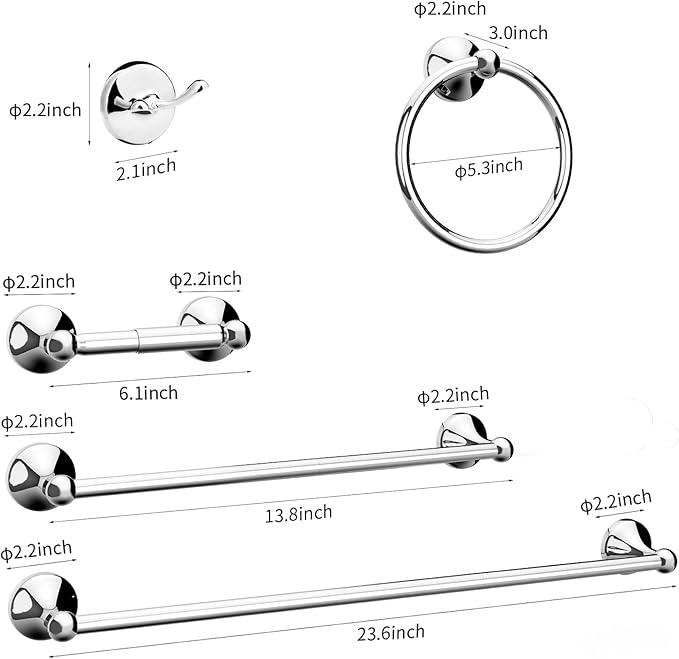 Newfun 8-Pieces 24" Bathroom Hardware Set, Bathroom Accessory Set, Includes 24" Adjustable Bath Towel Bar, Towel Rings Wall Mounted, Toilet Paper Holder, Robe Towel Hooks (Polished Chrome)