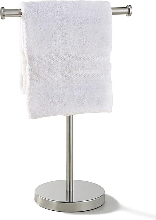 SunnyPoint Countertop Hand Towel Holder Stand – 16.5" Tall Stainless Steel T-Bar Rack with Weighted Base, Brushed Satin Nickel Finish – Jewelry Holder for Bathroom, Vanity, or Kitchen