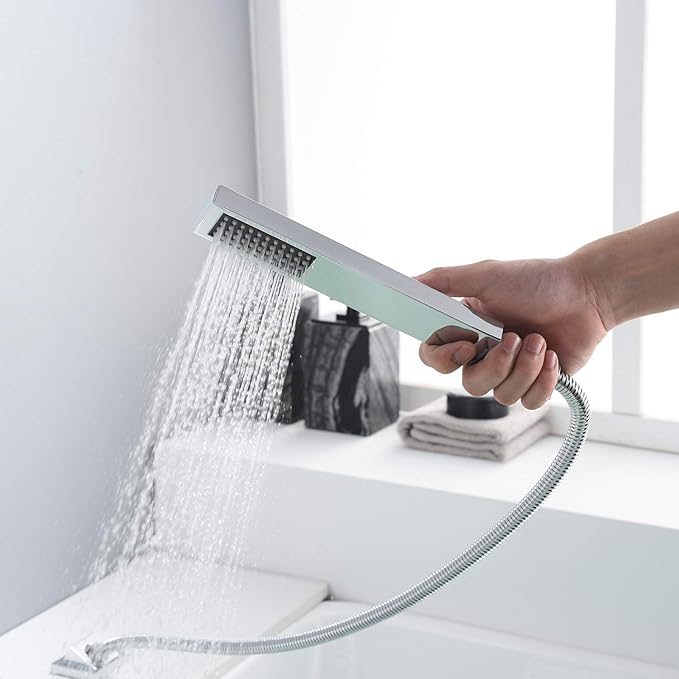 sumerain Four Hole Roman Tub Faucet with Hand Shower and Waterfall Spout Chrome Finish High Flow