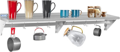 Hally Stainless Steel Shelf with 8 Hooks 14" x 60" Wall Mounted Pot Rack 400lb, NSF Commercial Floating Shelving for Storage Hanging Pots, Pans, cookware in Restaurant, Kitchen, Home and Hotel