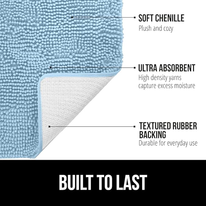 GORILLA GRIP Bath Rug Mat, Thick Soft Absorbent Chenille, Quick Dry Microfiber Mats, Rubber Backing Washable Shower Floor Rugs, Bathmat Runner, US Designed Bathroom Home Decor Accessories 24x17, Sky