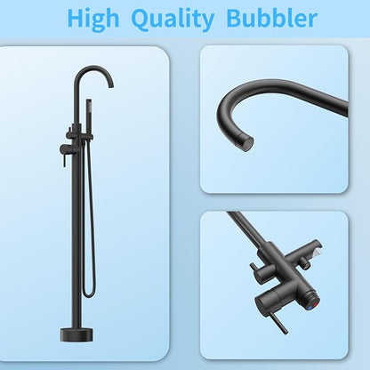 Freestanding Tub Filler Matte Black Floor Mount Bathtub Faucet Bathroom,Rough-in Valve 2 Function Handshower for Tub Rinsing Bathing,Anti-Wobble Base,Cylinder Handheld