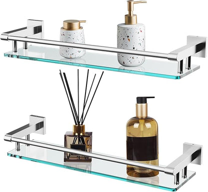 20 Inches Glass Shelf for Bathroom, Brushed Nickel Glass Shelves for Wall with Smooth Stainless Steel Railing, Modern Tempered Glass Organizer Shelf