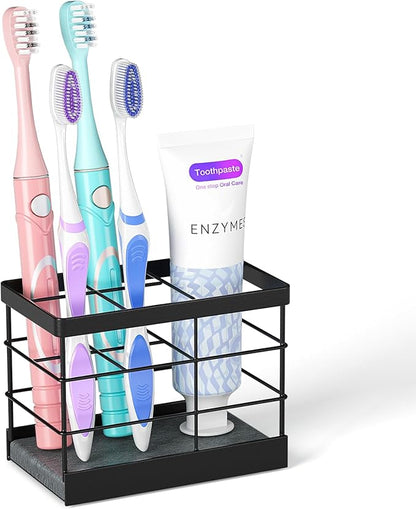 MOJOHAND Toothbrush Holders with Instant Drying Stone for Bathrooms, Stainless Steel Bathroom Electric Toothbrush Toothpaste Holder, Multi-Slots Openwork Design, Bathroom Accessories Organizer