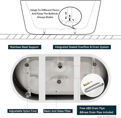 FerdY Shangri-La 55" Acrylic Freestanding Bathtub, Ergonomic Lightweight Classic Oval Soaking Bathtub with Polished White Drain, Minimalist Linear Design Overflow, Modern White