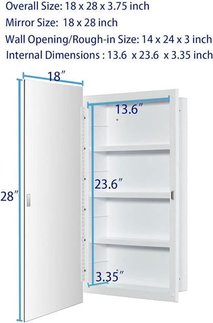 Plastic Medicine Mirror Cabinet for Bathroom 18 x 28 inch, Surface and Recessed Mount