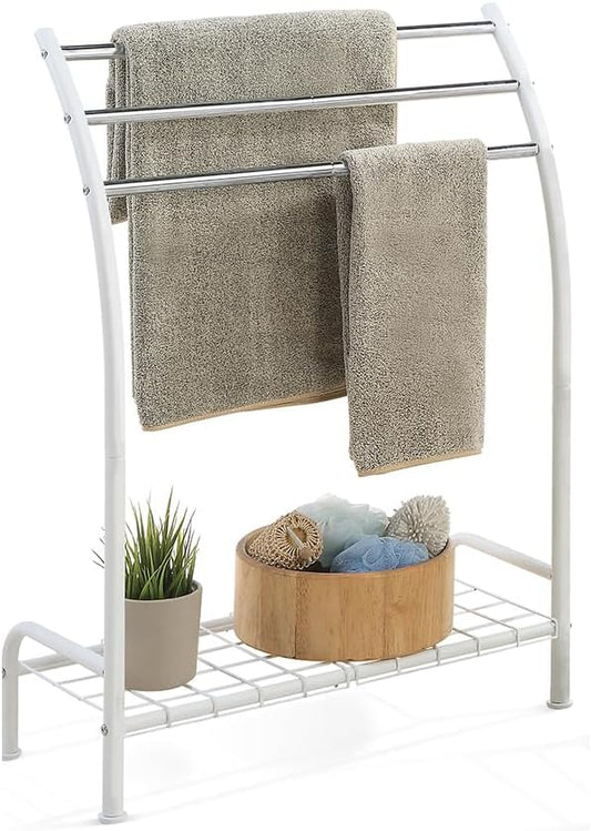 SunnyPoint Freestanding 3 Hanging Bar Towel Rack with Bottom Shelf (WHT)