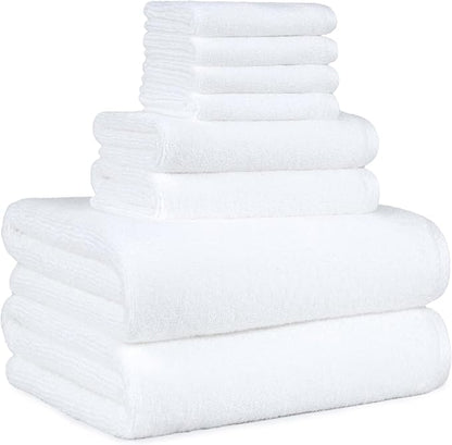 Amazon Basics 100% Cotton Soft Quick-Dry Bath Towel Set, 8-Piece, White, 10" x 7"