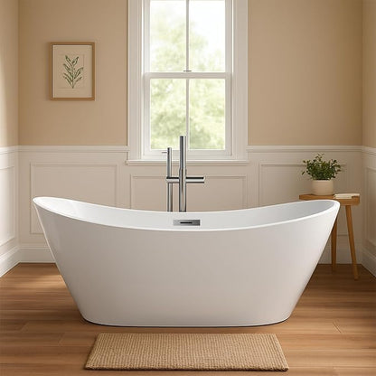 67 in Acrylic Freestanding Bathtub, Contemporary Stand Alone Tub,Glossy White Soaking Tub, with Chrome Overflow and Drain, CUPC Certified