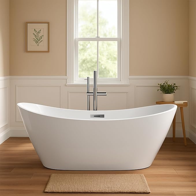 59 in Acrylic Freestanding Bathtub, Contemporary Stand Alone Tub,Glossy White Soaking Tub,with Chrome Overflow and Drain, CUPC Certified