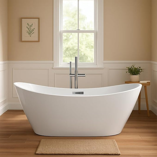 59 in Acrylic Freestanding Bathtub, Contemporary Stand Alone Tub,Glossy White Soaking Tub,with Chrome Overflow and Drain, CUPC Certified