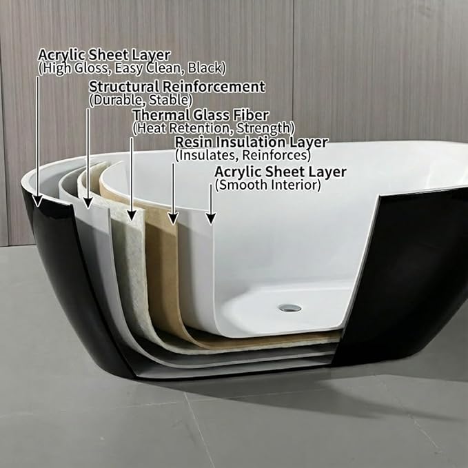 67" Freestanding Acrylic Bathtub, Deep Soaking Tub with Non-Slip Base & Chrome Drain, cUPC Certified, Black Pearl