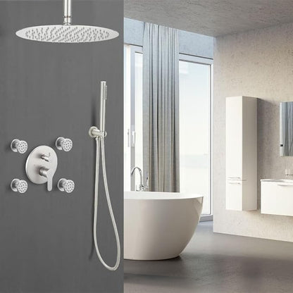 Brushed Nickel Round Shower Faucet Set with Body Jets 16 Inch Shower Head Handheld Shower Combo Set High Pressure Ceiling Mount with Rough-in Valve