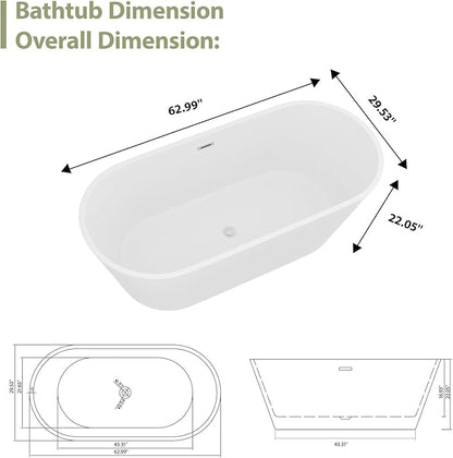 63" Acrylic Freestanding Bathtub - Mocoloo Modern Elegant Soaking Bathroom Tub Stand Alone, Matte White, Overflow and Stainless Offset Drain