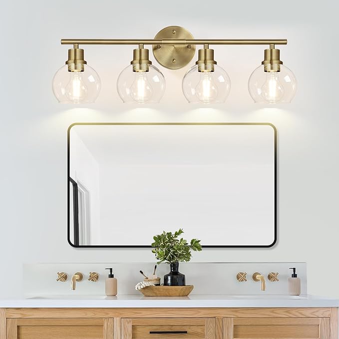 2024 Upgrade 4-Light Bathroom Light Fixtures, Brushed Brass Bathroom Lights Over Mirror with Clear Glass Globe Shade, Vanity Lights for Bathroom Kitchen Living Room Hallway Cabinet Bedroom Porch