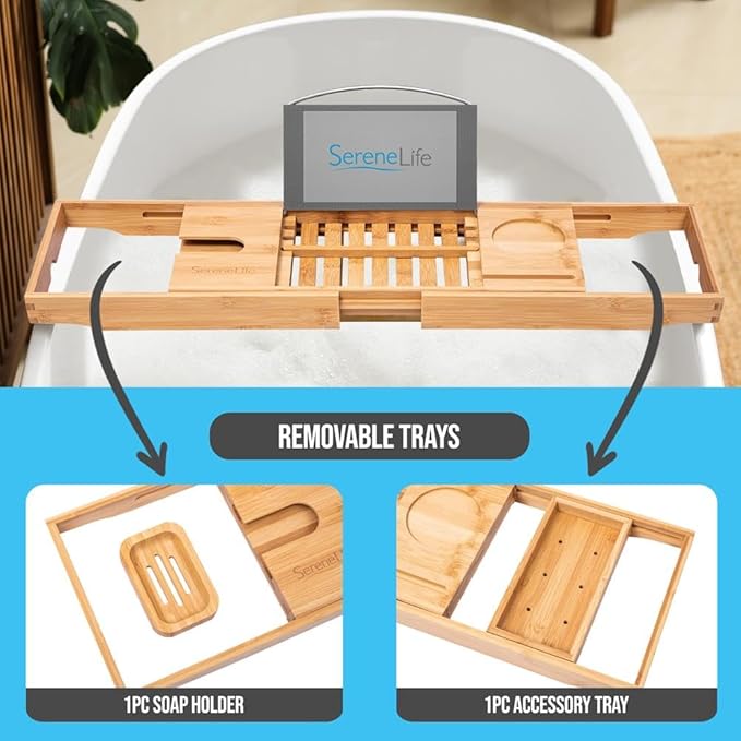 SereneLife Bamboo Bathtub Caddy with Luxury Gift Box and Red Gifting Ribbon Extendable & Adjustable Tray with Device/Book Holder with Removable Trays for Bath Accessories (Natural Color)