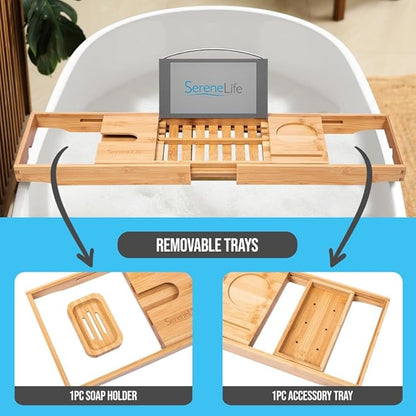 SereneLife Bamboo Bathtub Caddy with Luxury Gift Box and Red Gifting Ribbon Extendable & Adjustable Tray with Device/Book Holder with Removable Trays for Bath Accessories (Natural Color)