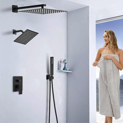 Shower Faucet Set Matte Black Shower System, Knob Switch Diverter Shower Faucet with High Pressure Handheld Spray, Wall Mount 12 Inch Shower Head with 6 Inch Wall Mount Shower Head