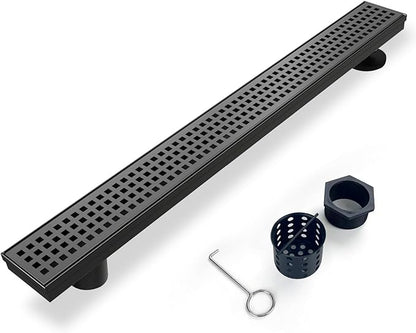 Offset Linear Shower Drain, Matte Black Shower Drain 36 inch with Removable Grate Cover, Brushed 304 Stainless Steel Side Outlet Black Shower Floor Drain with Hair Catcher and Leveling Feet