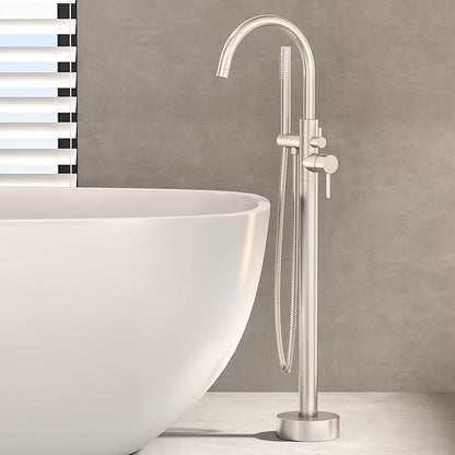 Freestanding Bathtub Faucet Waterfall Tub Filler Brushed Nickel Floor Mount Brass Single Handle Bathroom Faucets with Hand Shower (Electroplating color, The bottom of the water)