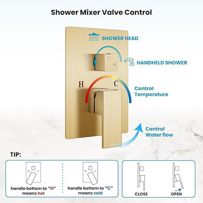 gotonovo Rainfall Bathroom Shower System Rain Shower Head and Handle Set Wall Mounted Shower Complete Combo Solid Brass Pressure Balancing Shower Mixer Valve 10 Inch Brushed Gold