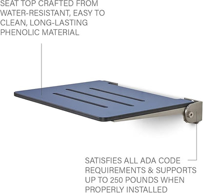 18 inch Silhouette Slimline Folding Wall Mount Shower Bench Seat, Navy Seat with Silver Frame