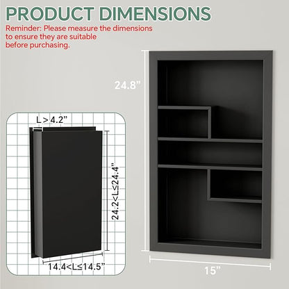 Stainless Steel Recessed Medicine Cabinet 14 * 24, Rust-proof Metal Wall Niche, In Wall Shower Niche Shelf Insert Replacement, Recessed Medicine Cabinets for Drywall, with 5 Compartments, Black