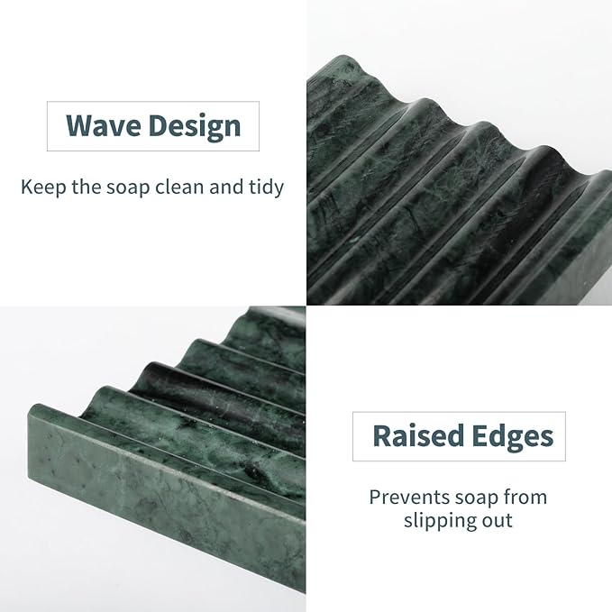 2 Pcs Soap Holder for Bathroom, Marble Soap Dish for Kitchen Countertop, Green Soaps Tray with Creative Wavy Design, Soaps Saver for Bath Tub, Sponges, Indian Natural Stone
