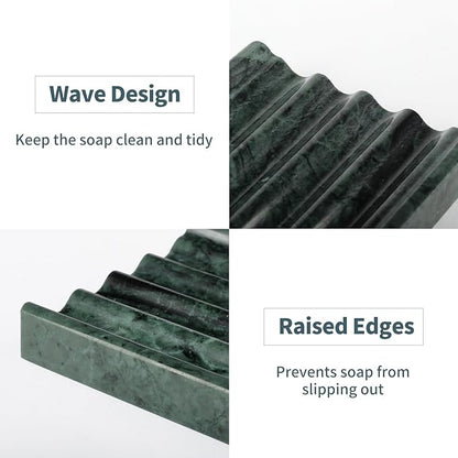 2 Pcs Soap Holder for Bathroom, Marble Soap Dish for Kitchen Countertop, Green Soaps Tray with Creative Wavy Design, Soaps Saver for Bath Tub, Sponges, Indian Natural Stone