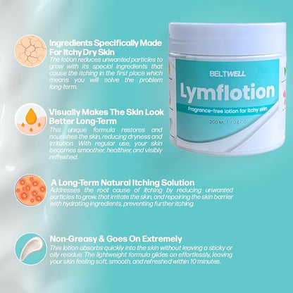 Beltwell® Lymflotion Non-Greasy Moisturizer for Dry & Sensitive Skin Relief – Fragrance Free Anti-Itch Lotion for Itchy Skin, Lymphedema, Diabetes, Eczema, Cracked Feet & Arms – 200ml