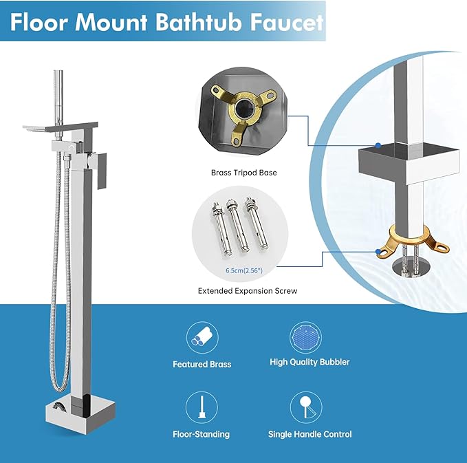 RUMOSE Polished Chrome Bathtub Filler Freestanding Tub Filler Floor Mount Tub Faucet Waterfall Bathtub Faucet with CUPC Certified High Flow Brass Bath Shower Faucets with Handheld Sprayer